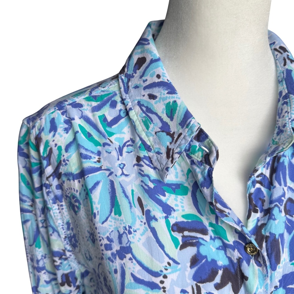 Lilly Pulitzer Floral Button Down Sz L Blue Green Resort Wear Vacation Coastal - Picture 6 of 16